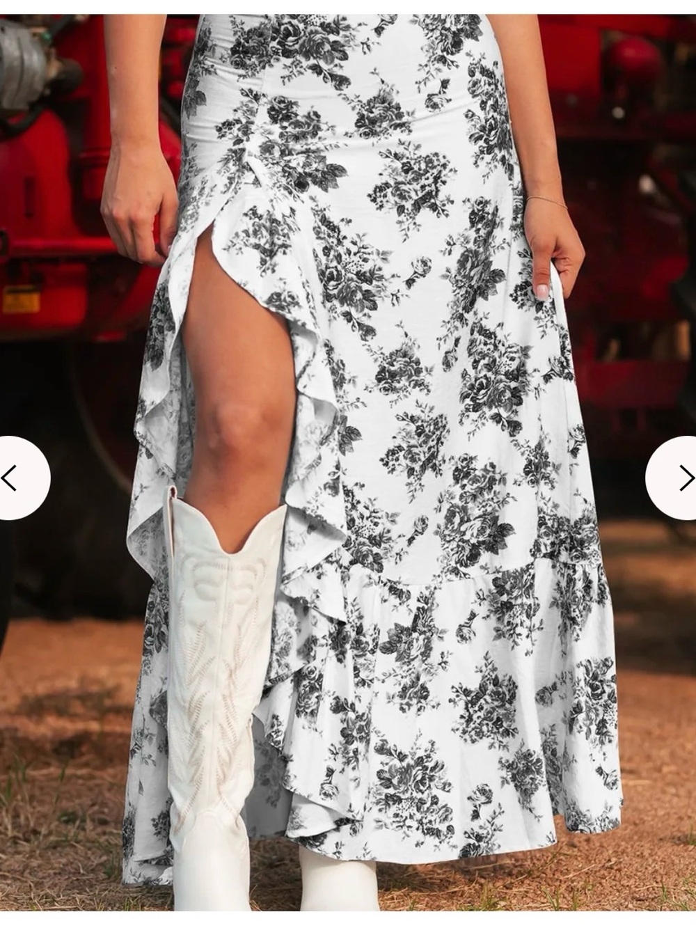 Women's White Floral Ruffle Maxi Skirt with Side Slit